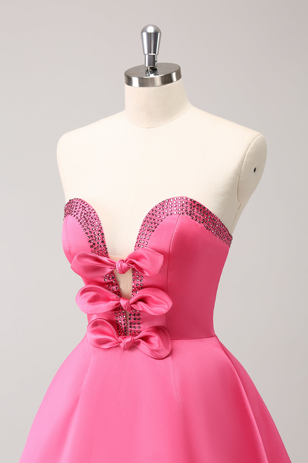 Sparkly Fuchsia A-Line Beaded Strapless Prom Dress with Bows