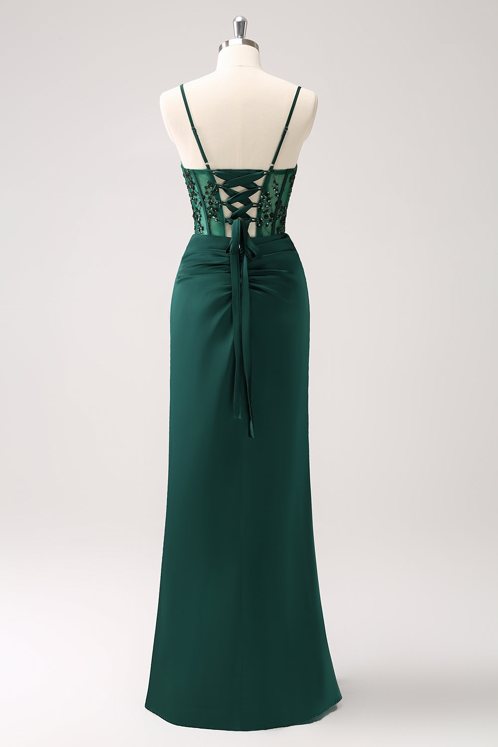 Dark Green Corset Mermaid Spaghetti Straps Satin Bridesmaid Dress with Sequins