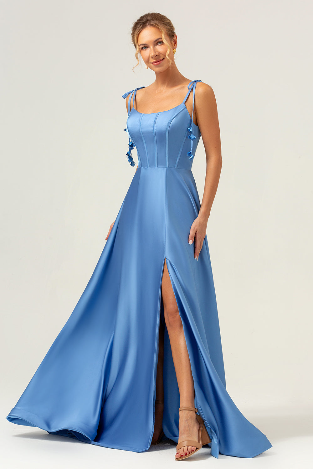 Blue Scoop Neck A Line Spaghetti Straps Satin Prom Dress with Bow