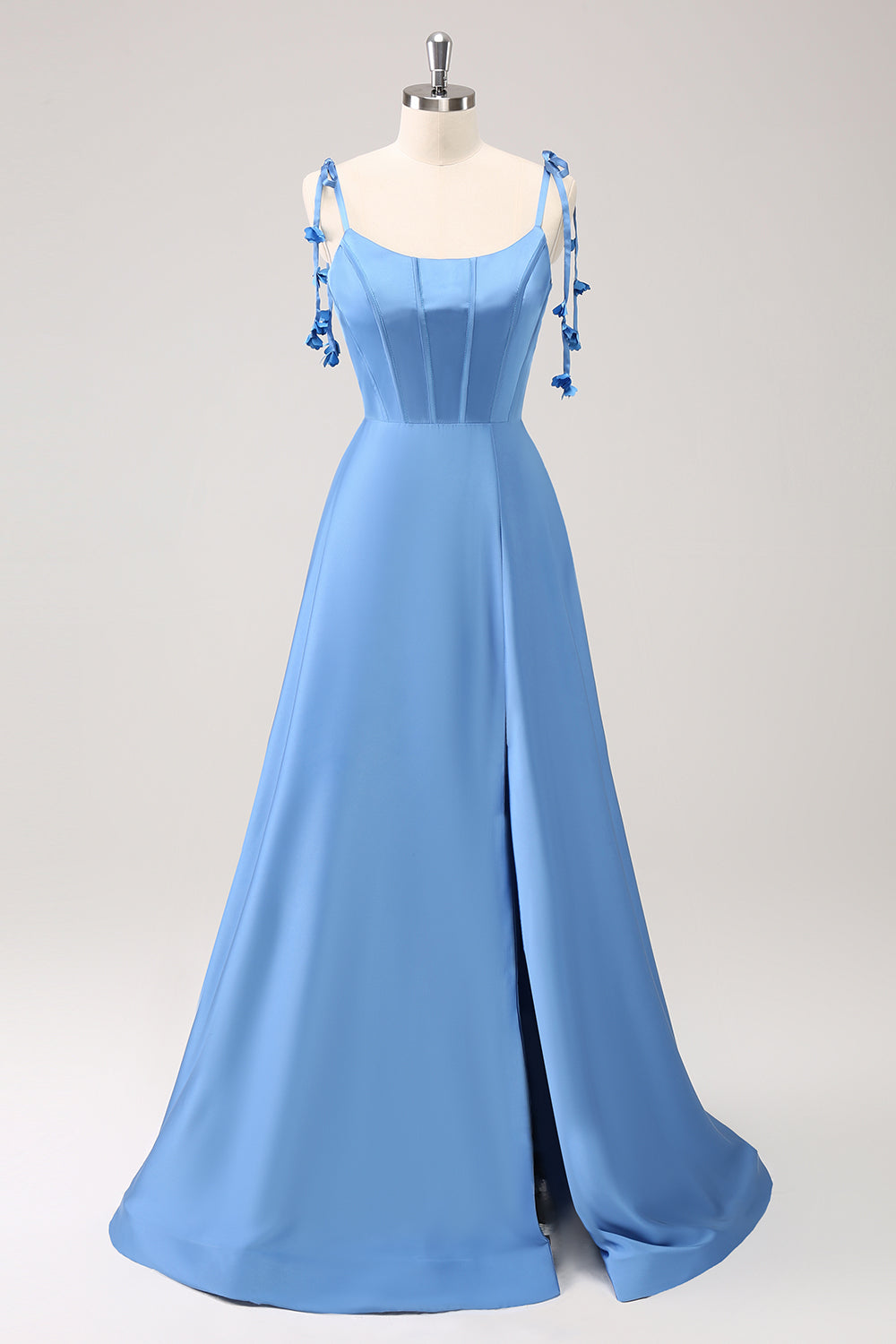 Blue Scoop Neck A Line Spaghetti Straps Satin Prom Dress with Bow
