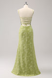 Green Spaghetti Straps Embroidery Mermaid Bridesmaid Dress