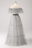 White Black Dot Corset Off-the-Shoulder A-Line Prom Dress with Sash