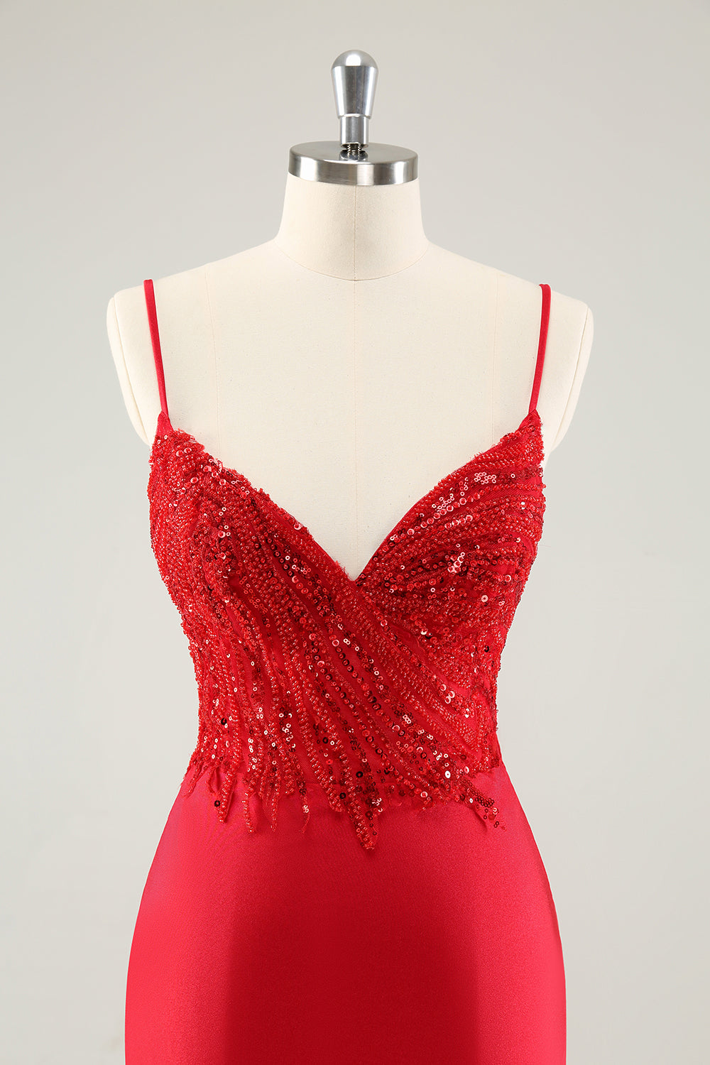 Sparkly Red Bodycon Spaghetti Straps Prom Dress with Sequins