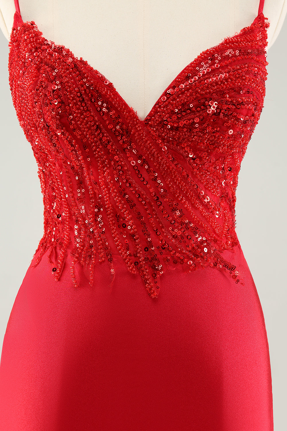 Sparkly Red Bodycon Spaghetti Straps Prom Dress with Sequins