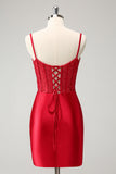 Stylish Bodycon Spaghetti Straps Corset Satin Red Prom Dress with Slit