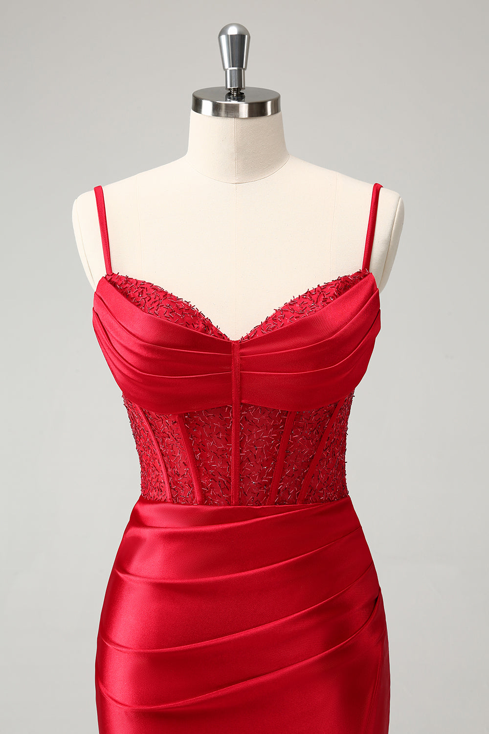 Stylish Red Bodycon Spaghetti Straps Corset Satin Prom Dress with Slit