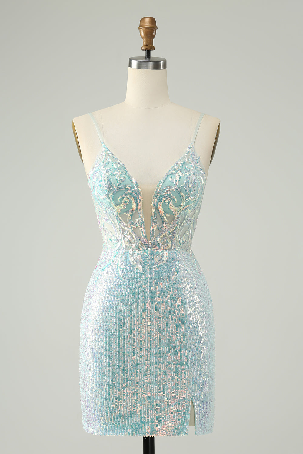 Sparkly Light Blue Spaghetti Straps Tight Short Prom Dress with Slit