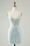 Sparkly Light Blue Spaghetti Straps Tight Short Prom Dress with Slit
