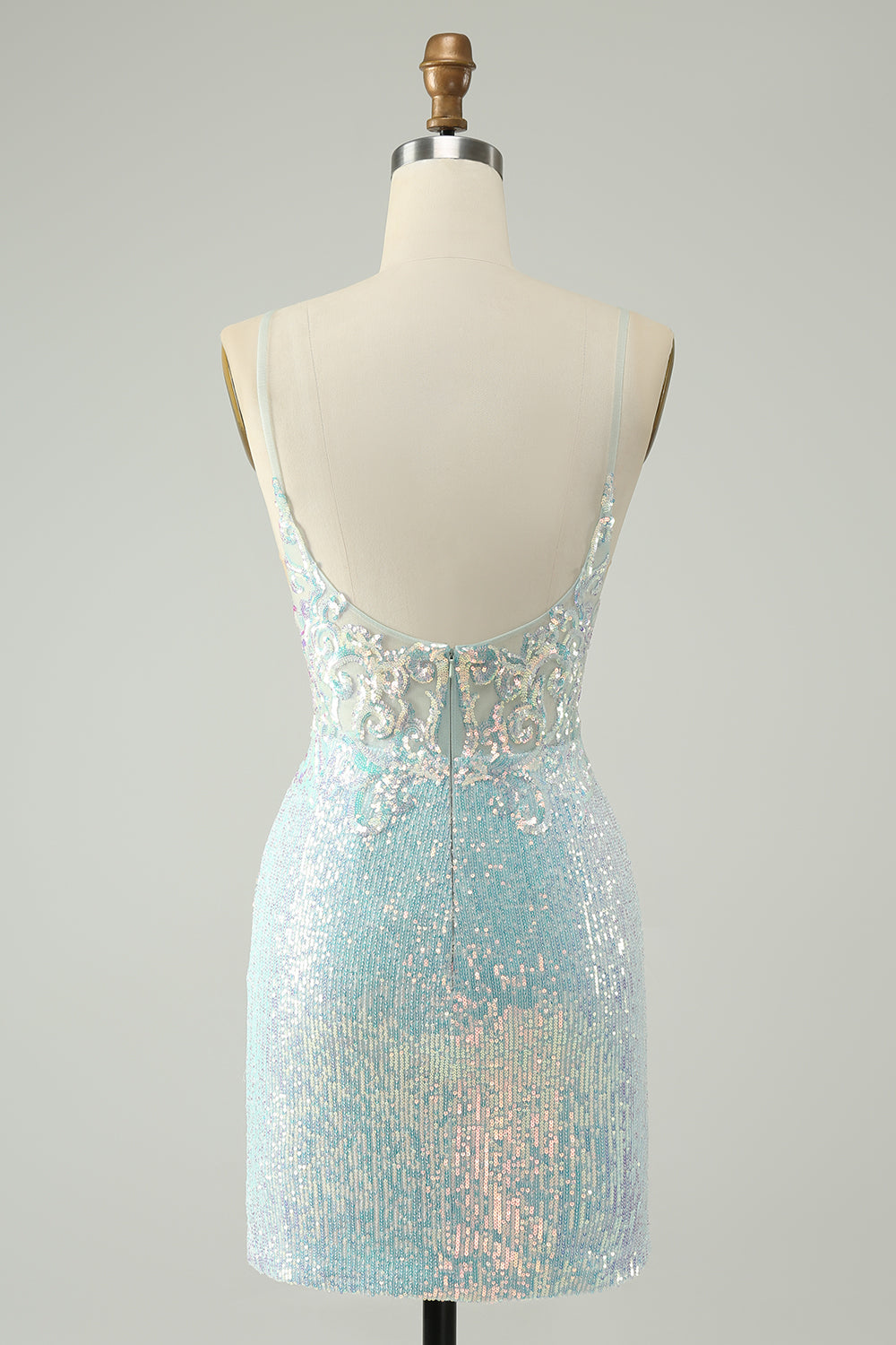 Sparkly Light Blue Spaghetti Straps Tight Short Prom Dress with Slit
