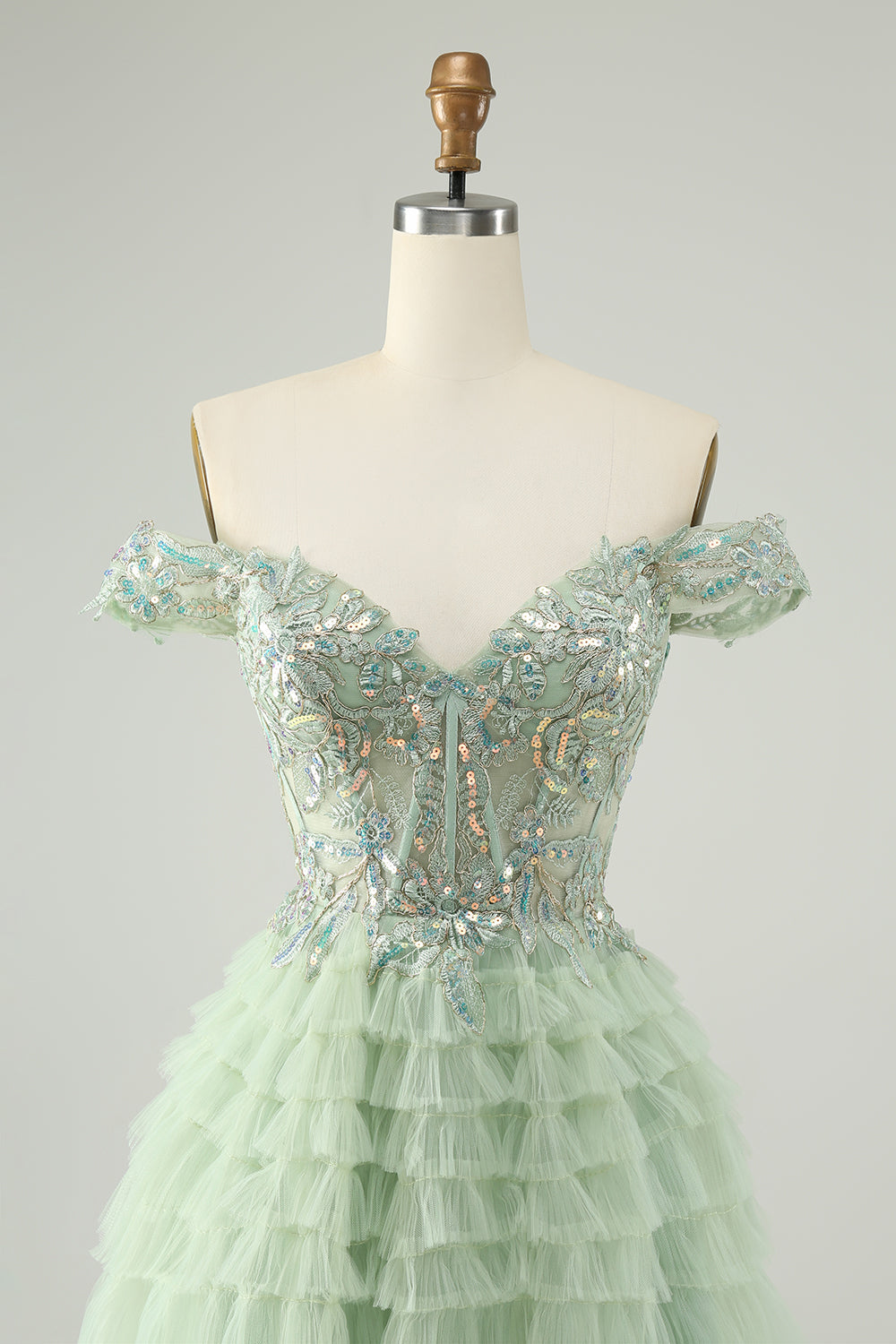 Sparkly Light Green A Line Off The Shoulder Corset Tulle Prom Dress