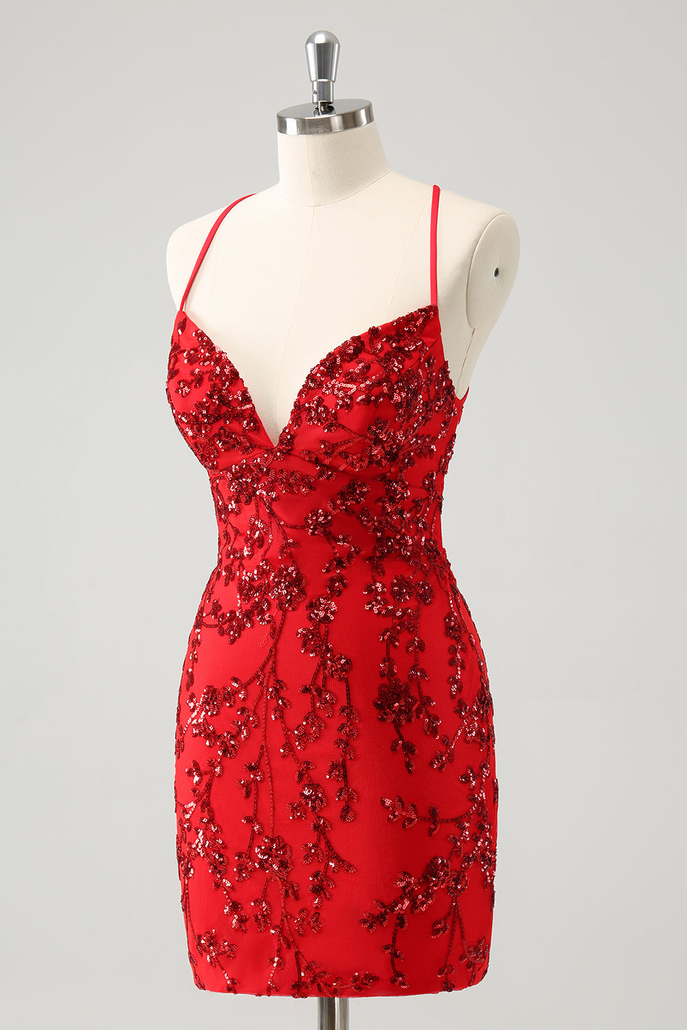 Sparkly Floral Red Tight Short Prom Dress with Sequins