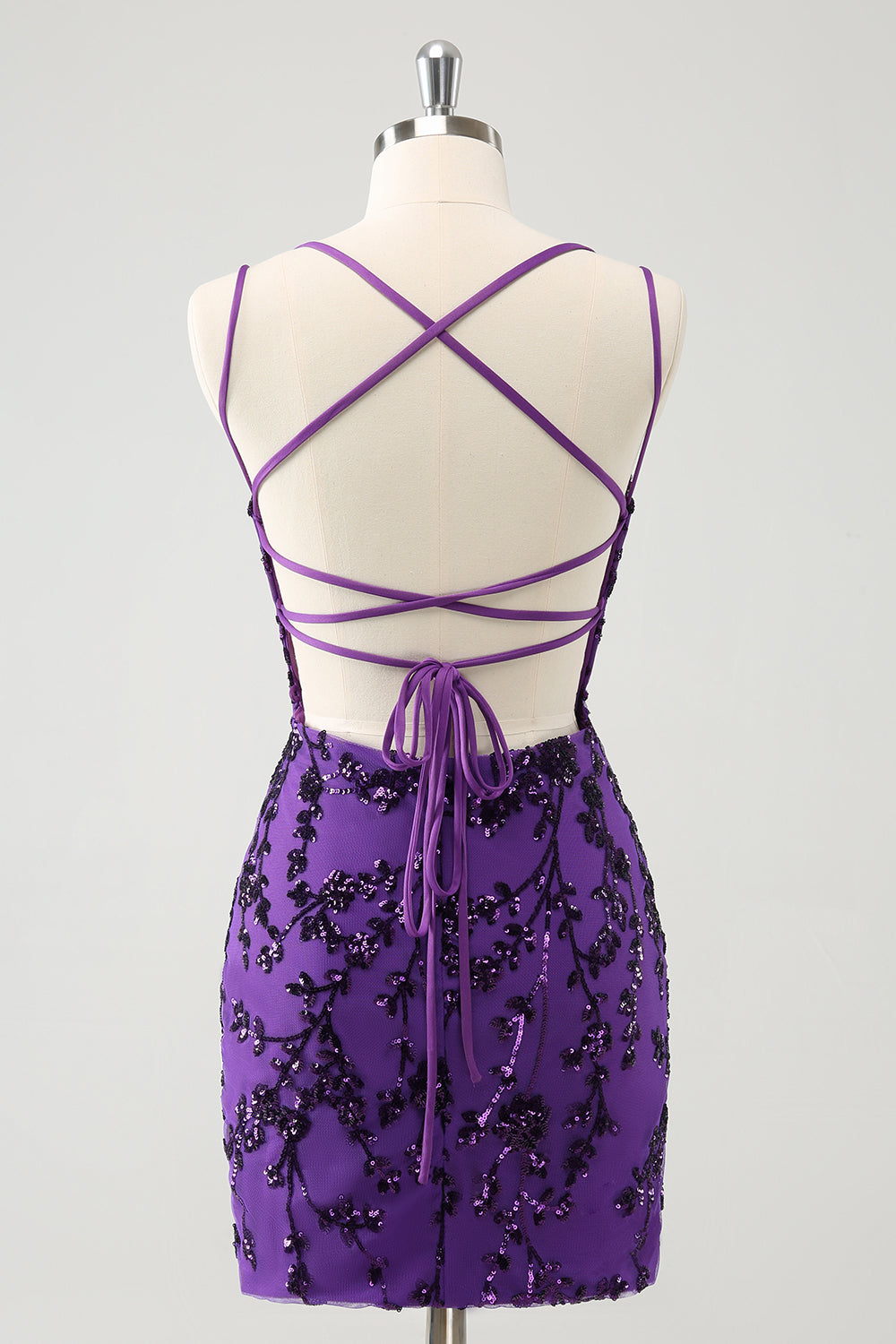 Sparkly Purple Spaghetti Straps Tight Short Prom Dress with Appliques