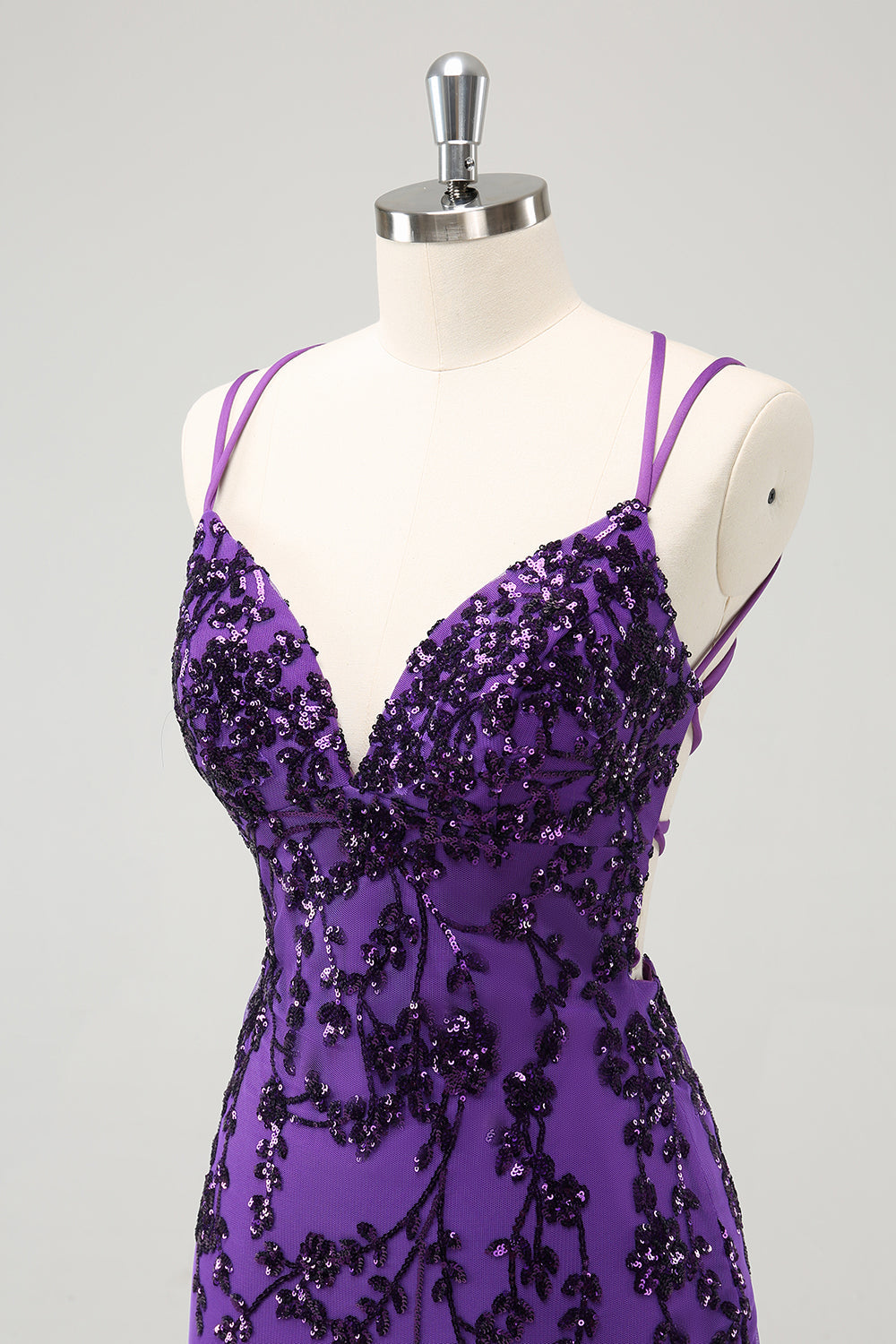 Sparkly Purple Spaghetti Straps Tight Short Prom Dress with Appliques