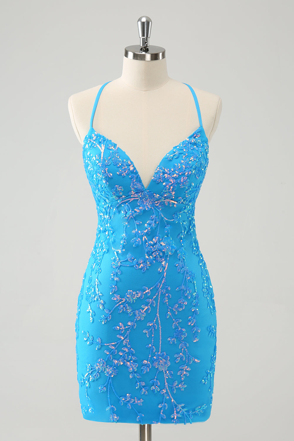 Sparkly Sky Blue Tight Short Prom Dress with Lace-Up Back