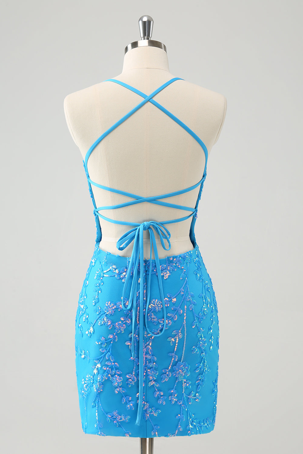Sparkly Sky Blue Tight Short Prom Dress with Lace-Up Back