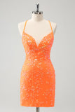 Sparkly Orange Lace-Up Back Tight Short Prom Dress with Sequins