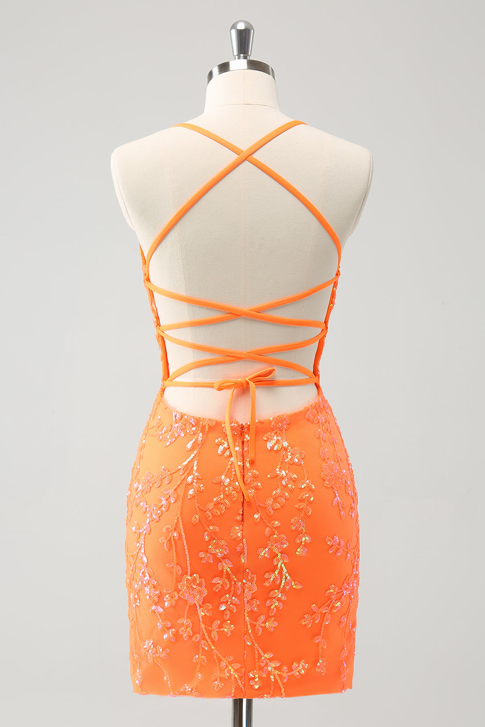Sparkly Orange Lace-Up Back Tight Short Prom Dress with Sequins