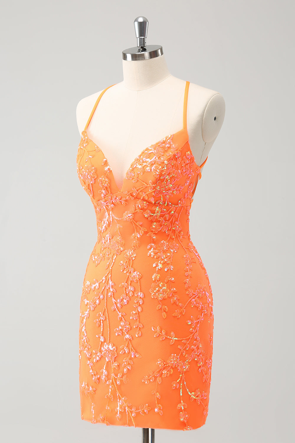 Sparkly Orange Lace-Up Back Tight Short Prom Dress with Sequins