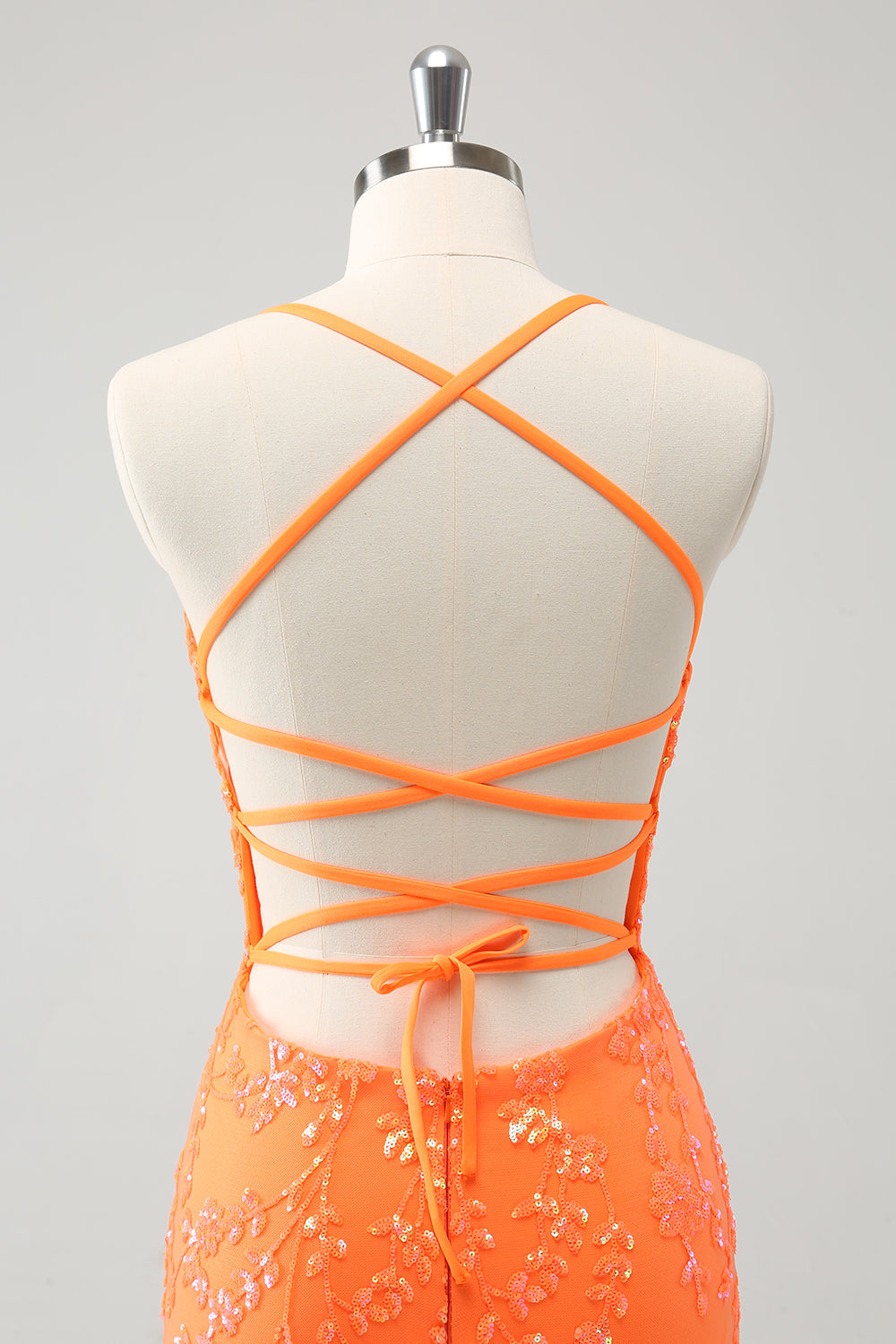 Sparkly Orange Lace-Up Back Tight Short Prom Dress with Sequins