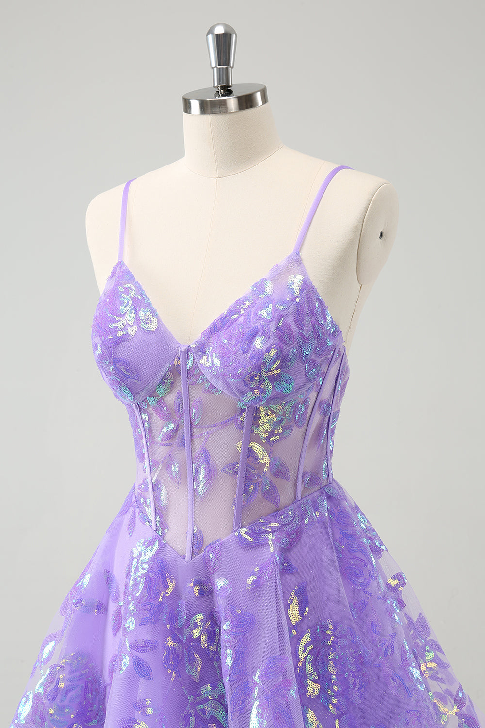 Sparkly Lilac A-Line Spaghetti Straps Sequins Corset Prom Dress