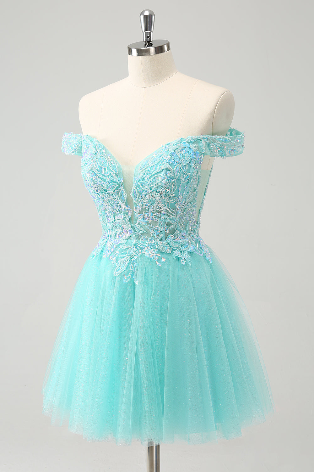Sparkly Light Blue A Line Off The Shoulder Short Prom Dress