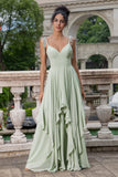 Matcha Corset A-Line Chiffon Bridesmaid Dress with Lace Up