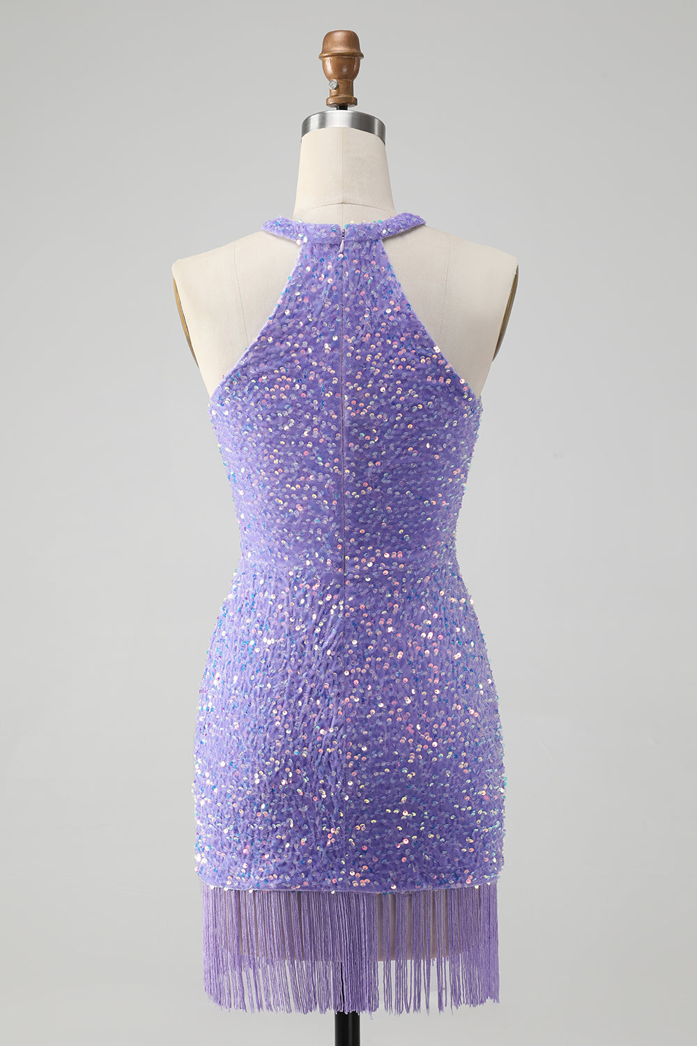 Sparkly Lilac Bodycon Halter Tassel Short Prom Dress with Sequins