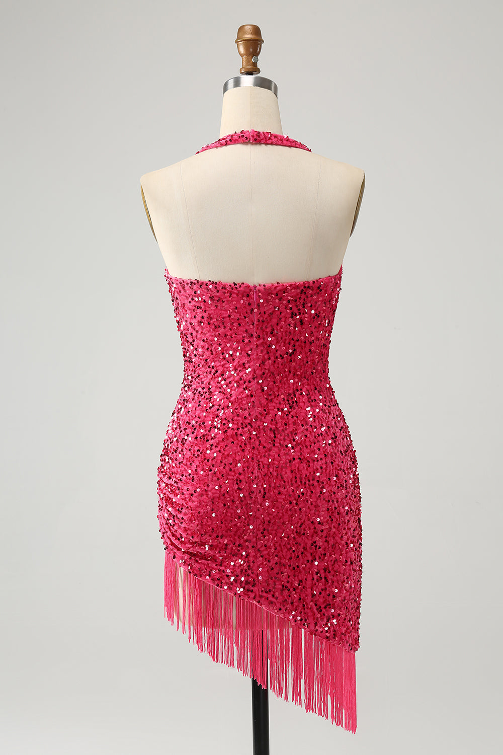 Sparkly Fuchsia Sequins Halter Short Bodycon Prom Dress with Tassels