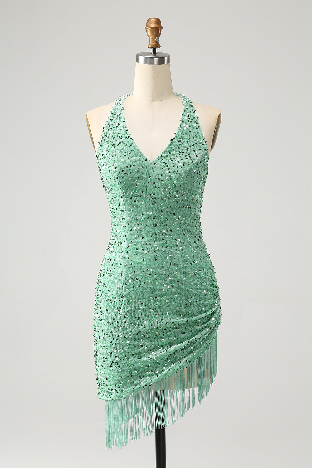 Sparkly Fuchsia Sequins Halter Short Bodycon Prom Dress with Tassels