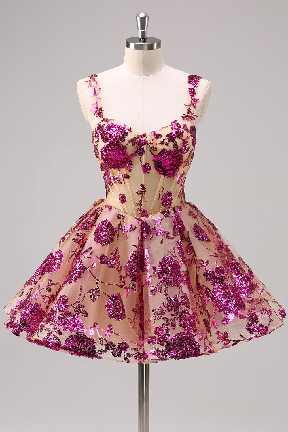 Sparkly Fuchsia A Line Corset Short Prom Dress with Sequins