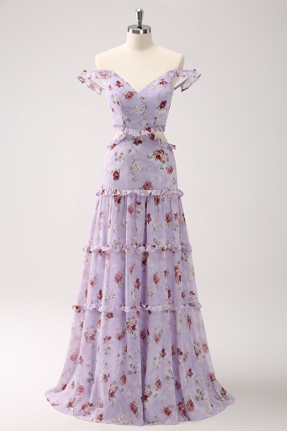 Grey Purple A-Line Cut Out Tiered Floral Printed Bridesmaid Dress