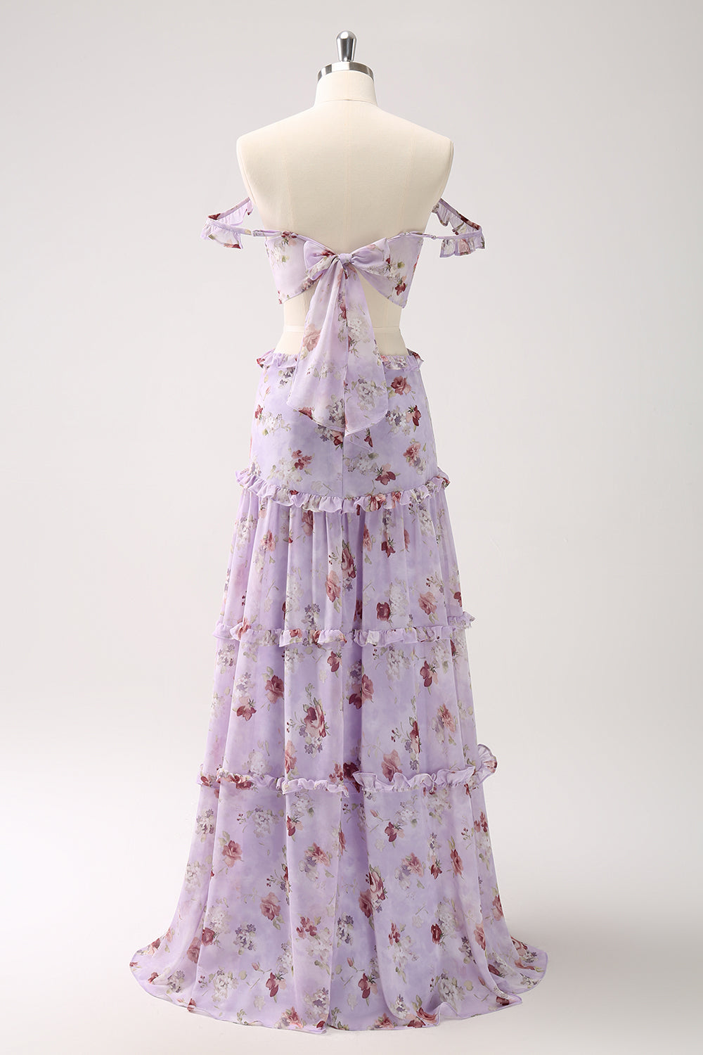 Grey Purple A-Line Cut Out Tiered Floral Printed Bridesmaid Dress