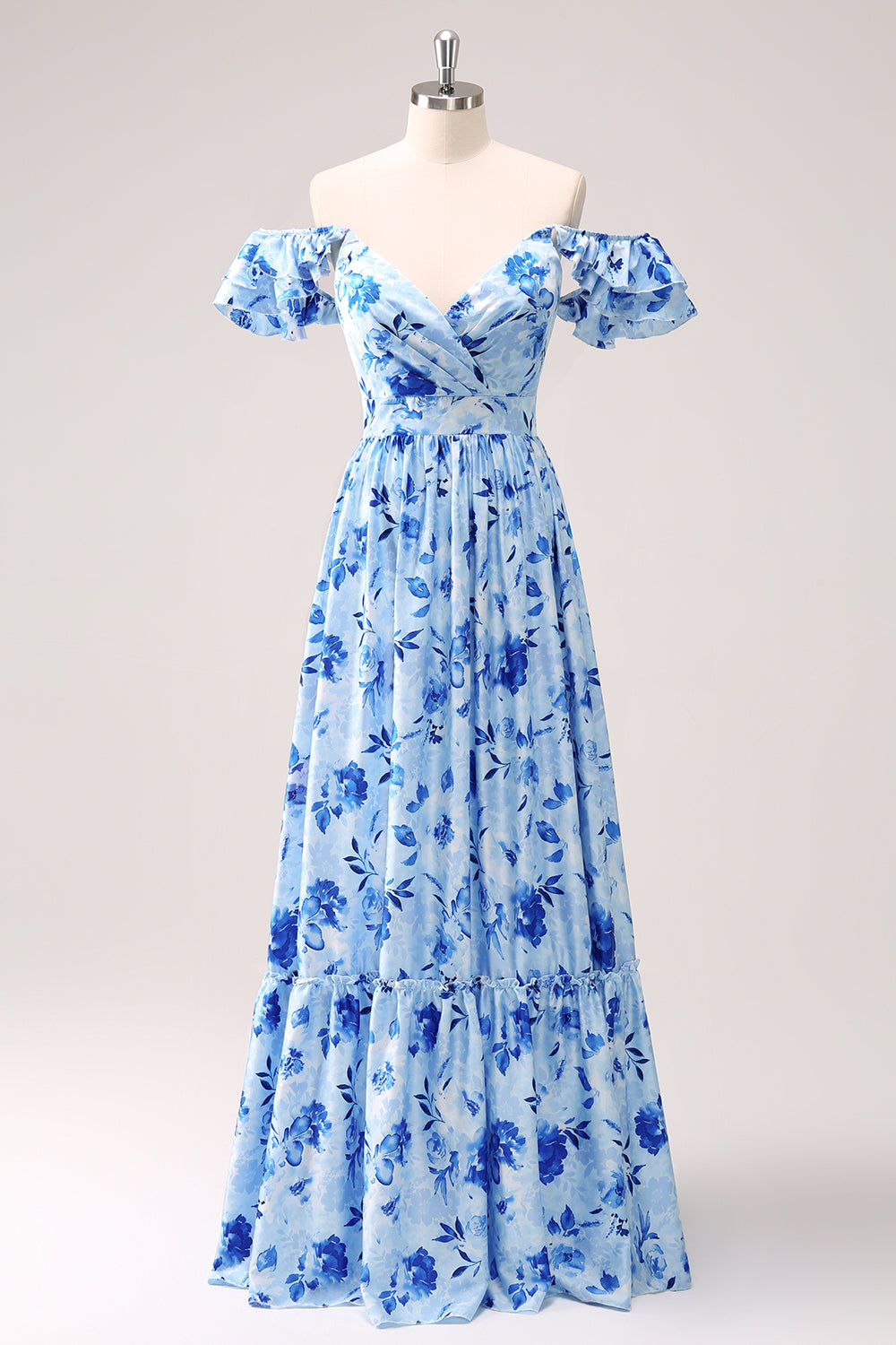 Blue V-Neck A-Line Floral Printed Bridesmaid Dress