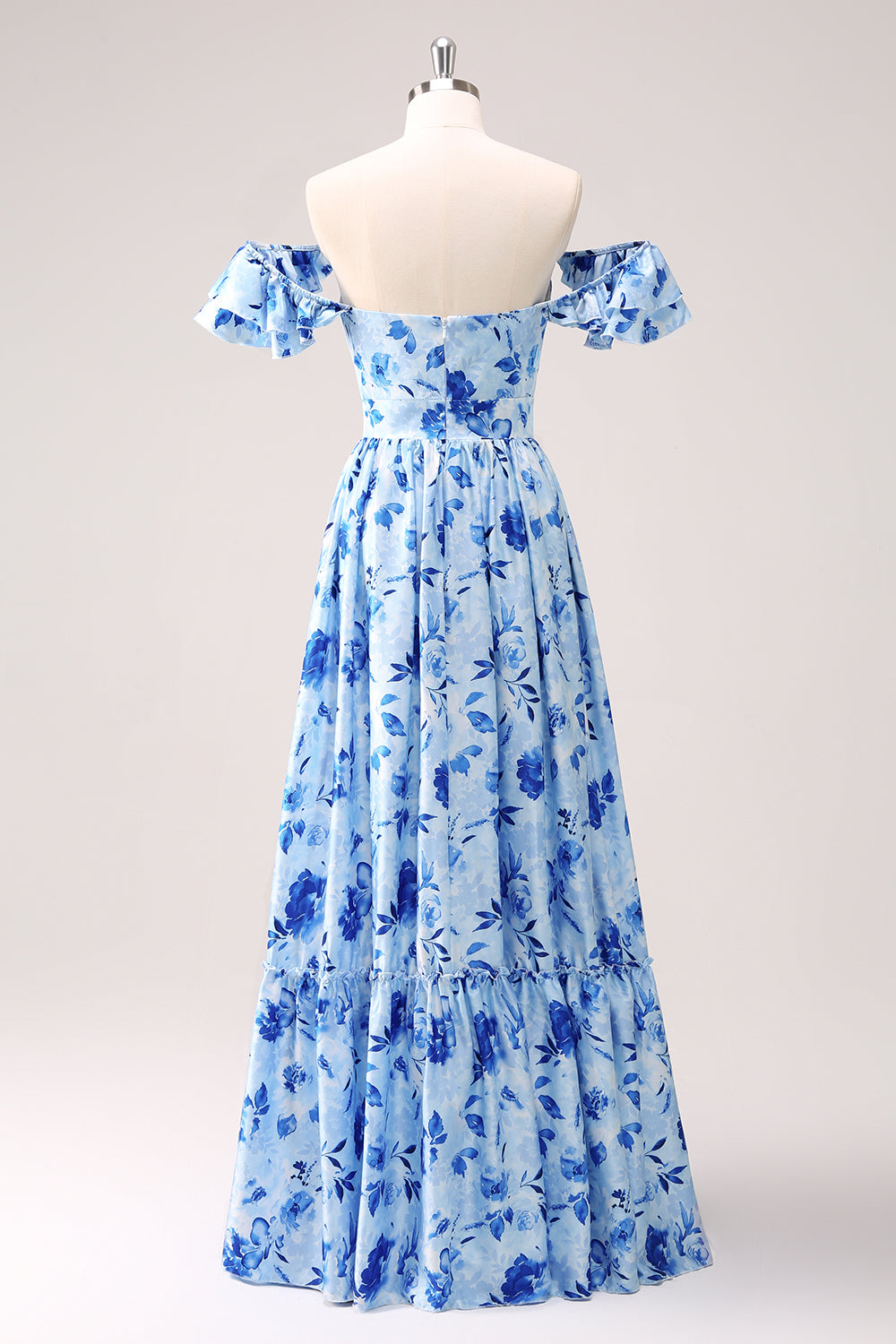 Blue V-Neck A-Line Floral Printed Bridesmaid Dress