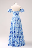 Blue V-Neck A-Line Floral Printed Bridesmaid Dress