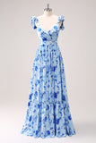 Blue V-Neck A-Line Floral Printed Bridesmaid Dress
