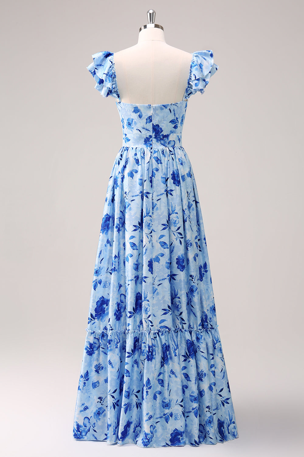 Blue V-Neck A-Line Floral Printed Bridesmaid Dress