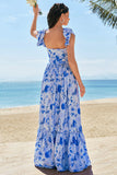 Blue V-Neck A-Line Floral Printed Bridesmaid Dress
