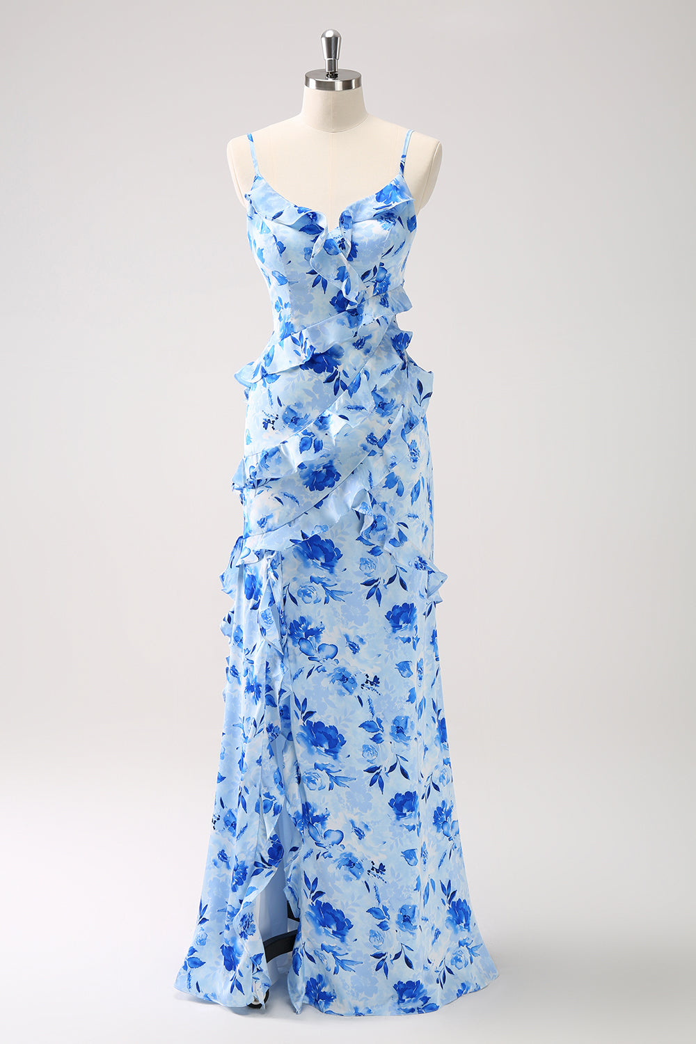 Blue Ruffled Sheath Floral Printed Bridesmaid Dress with Slit