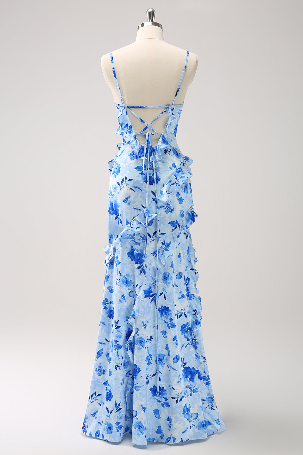 Blue Ruffled Sheath Floral Printed Bridesmaid Dress with Slit