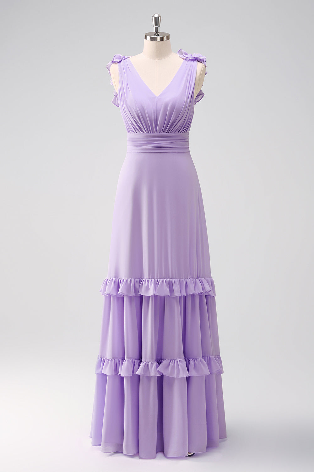 Lilac V-Neck A-Line Chiffon Bridesmaid Dress with Ruffles