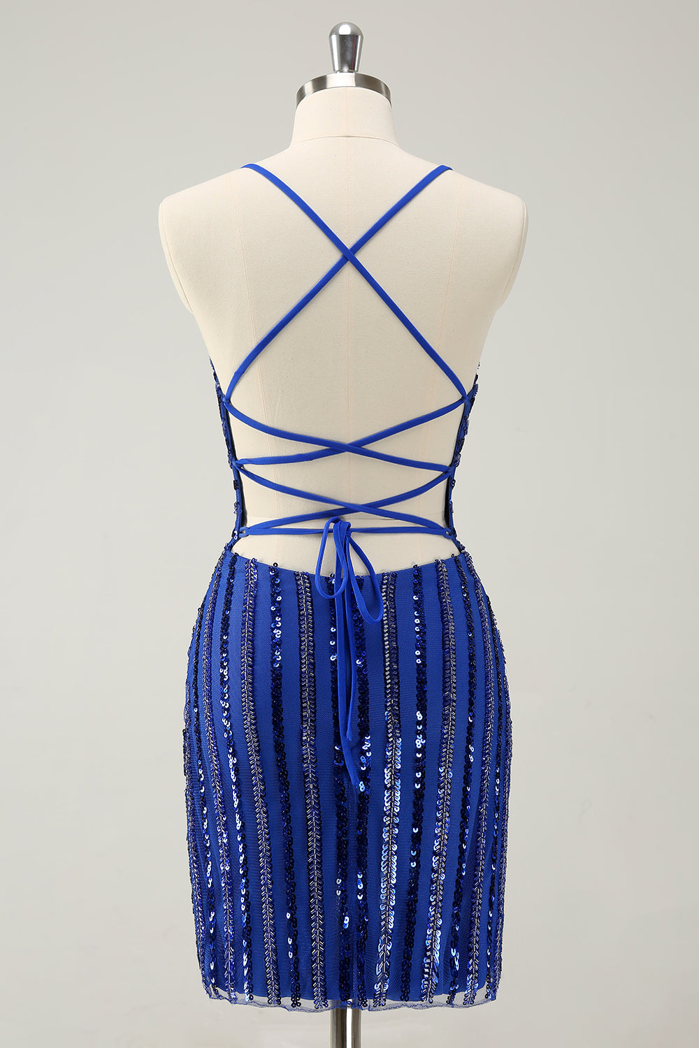 Sparkly Royal Blue Tight Sequined Spaghetti Straps Prom Dress