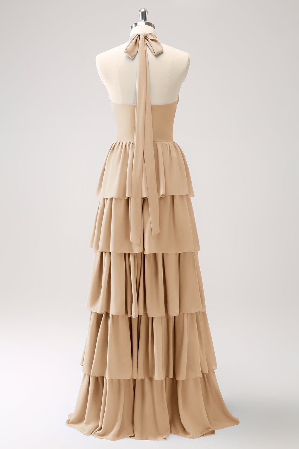 Elegant Champagne A-Line Halter Tiered Chiffon Bridesmaid Dress