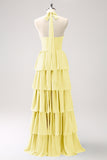 Burgundy Halter Tiered Chiffon Bridesmaid Dress with Flower
