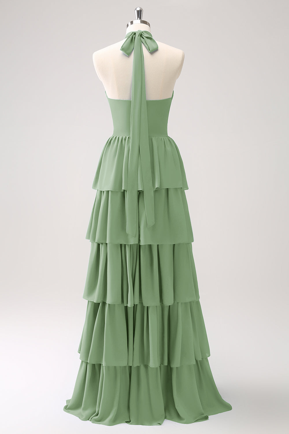 Burgundy Halter Tiered Chiffon Bridesmaid Dress with Flower