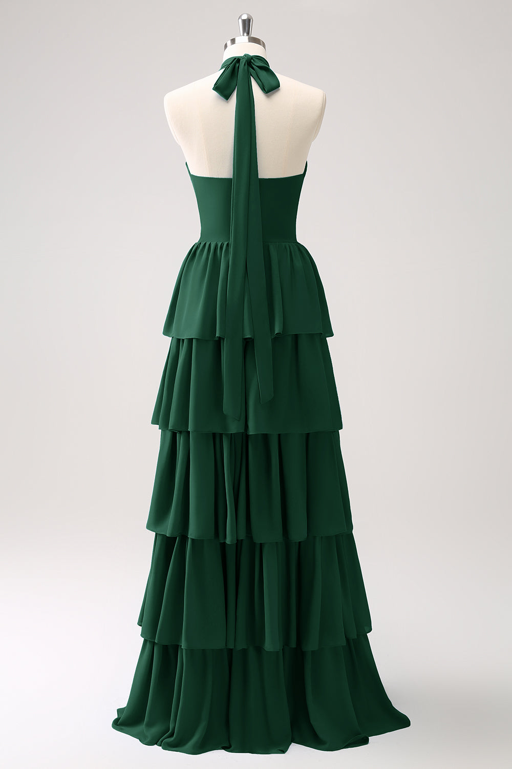 Blue Halter A-Line Tiered Flower Chiffon Bridesmaid Dress