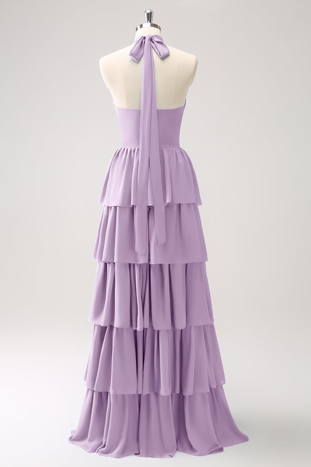 Blue Halter A-Line Tiered Flower Chiffon Bridesmaid Dress