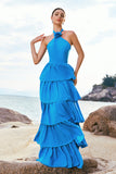 Blue Halter A-Line Tiered Flower Chiffon Bridesmaid Dress