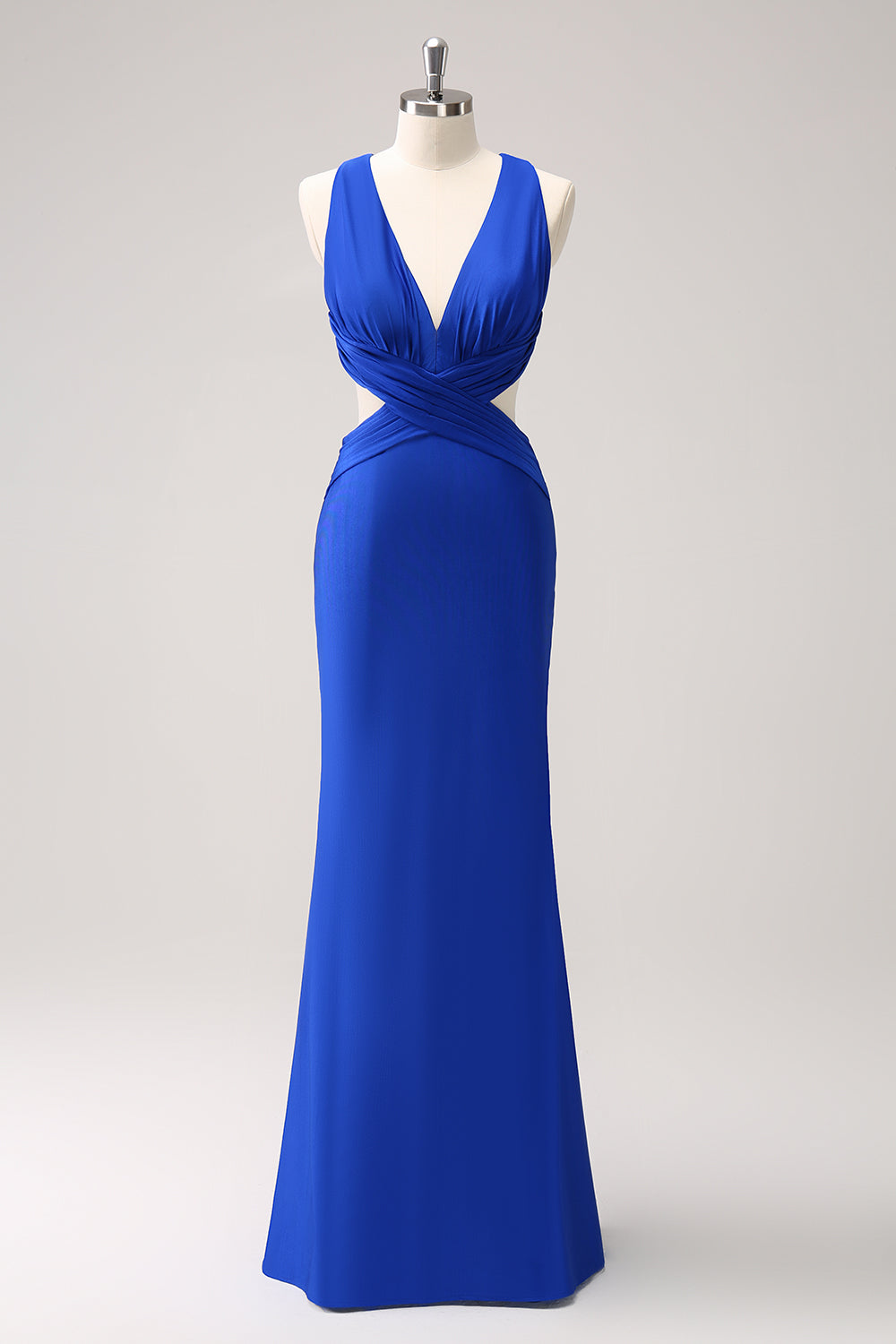 Royal Blue V Neck Mermaid Cut Out Pleated Bridesmaid Dress