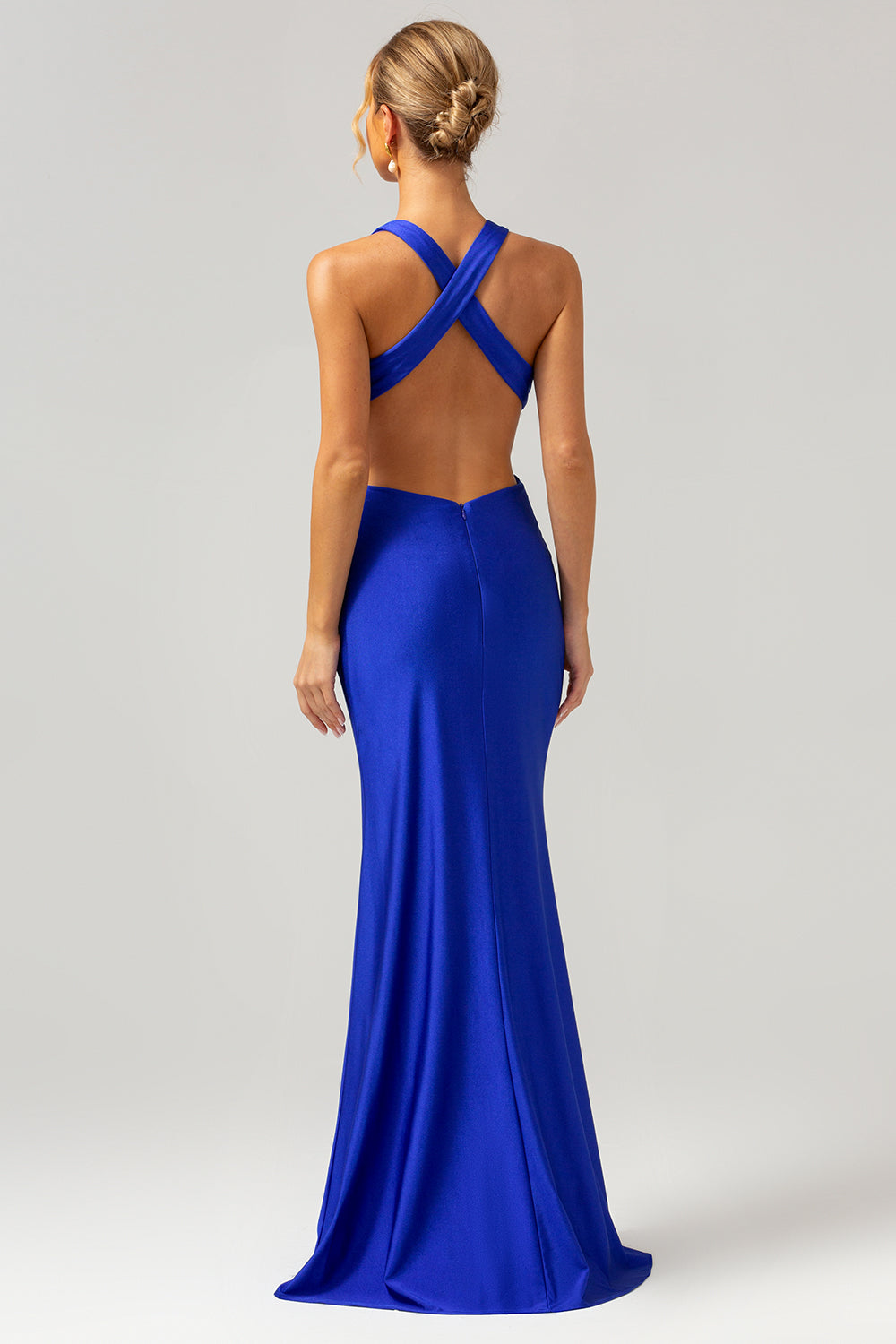 Royal Blue V Neck Mermaid Cut Out Pleated Bridesmaid Dress
